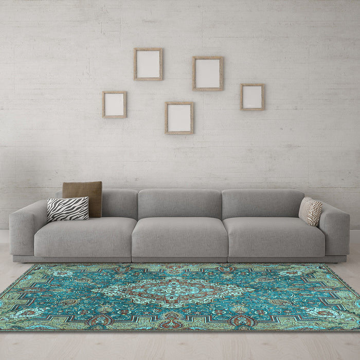 Machine Washable Medallion Light Blue Traditional Rug in a Living Room, wshtr4127lblu