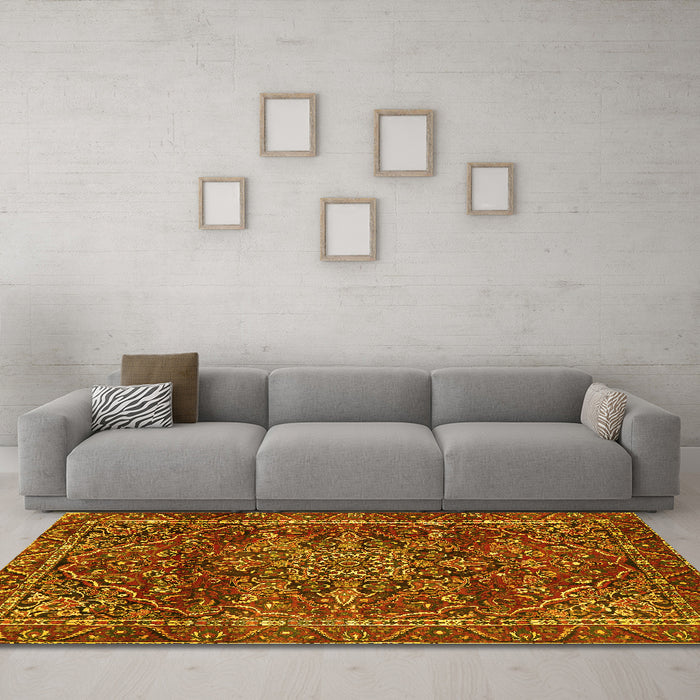 Machine Washable Persian Yellow Traditional Rug in a Living Room, wshtr4128yw