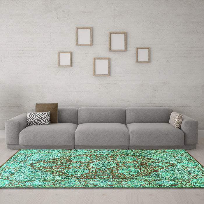 Machine Washable Persian Turquoise Traditional Area Rugs in a Living Room,, wshtr412turq