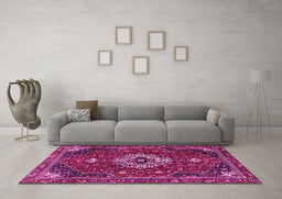 Machine Washable Medallion Pink Traditional Rug in a Living Room, wshtr4130pnk