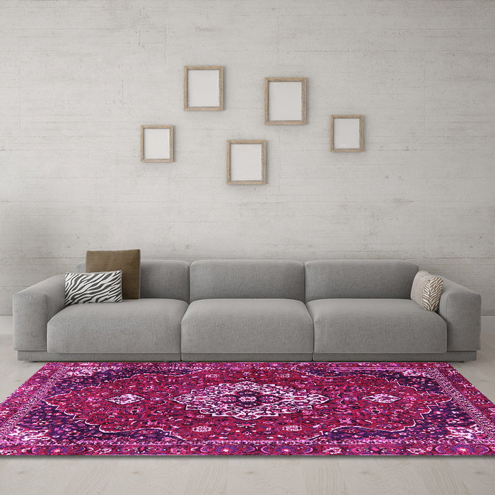 Machine Washable Medallion Pink Traditional Rug in a Living Room, wshtr4130pnk