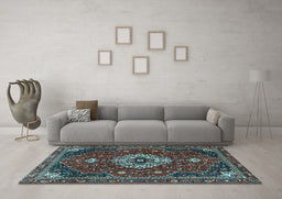 Machine Washable Medallion Light Blue Traditional Rug in a Living Room, wshtr4130lblu