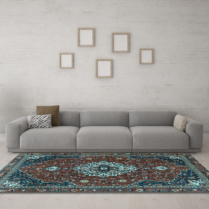 Machine Washable Medallion Light Blue Traditional Rug in a Living Room, wshtr4130lblu