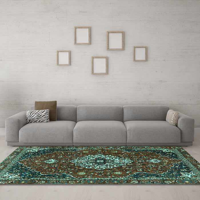 Machine Washable Medallion Turquoise Traditional Area Rugs in a Living Room,, wshtr4130turq