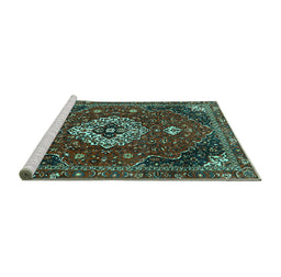 Sideview of Machine Washable Medallion Turquoise Traditional Area Rugs, wshtr4130turq