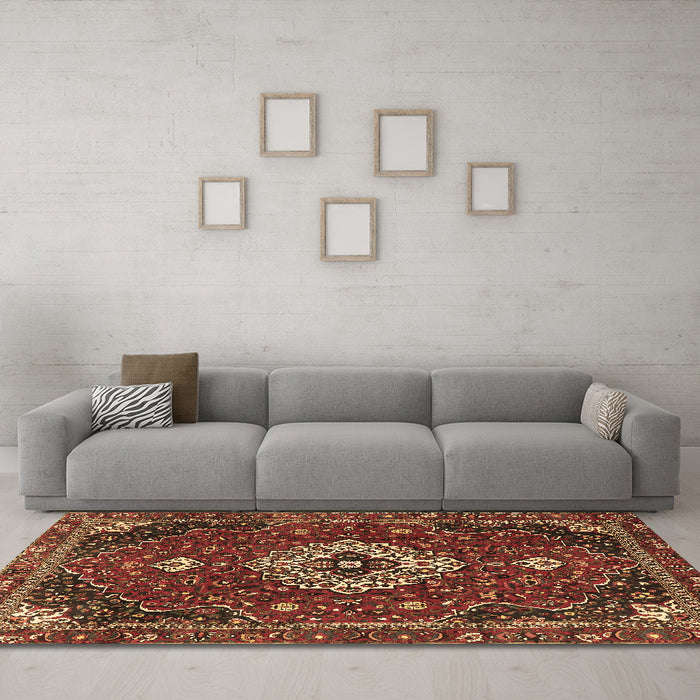 Machine Washable Medallion Brown Traditional Rug in a Living Room,, wshtr4130brn