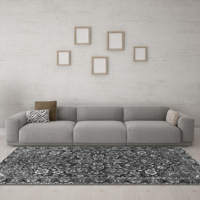 Machine Washable Persian Gray Traditional Rug in a Living Room,, wshtr4137gry