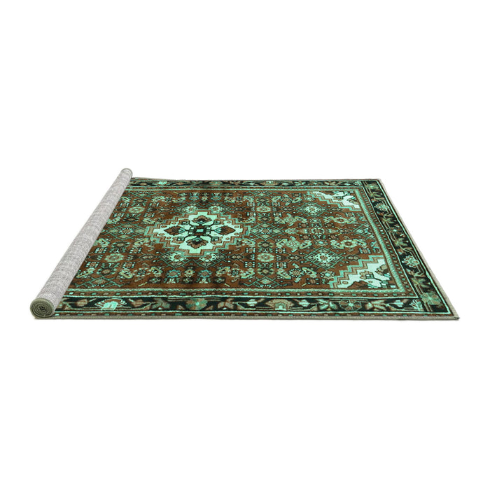 Sideview of Machine Washable Persian Turquoise Traditional Area Rugs, wshtr4138turq
