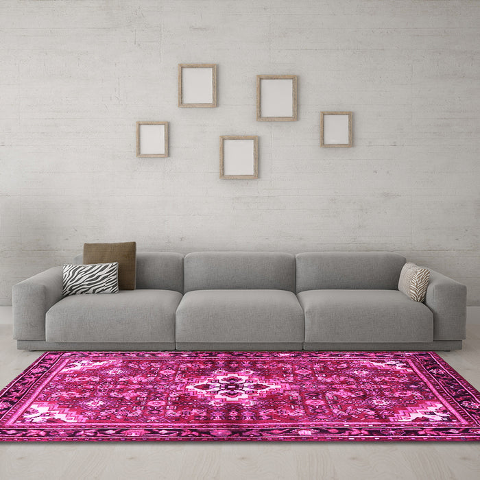 Machine Washable Persian Pink Traditional Rug in a Living Room, wshtr4138pnk