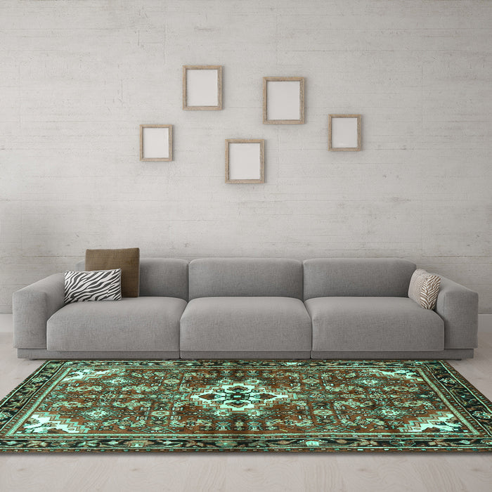 Machine Washable Persian Turquoise Traditional Area Rugs in a Living Room,, wshtr4138turq