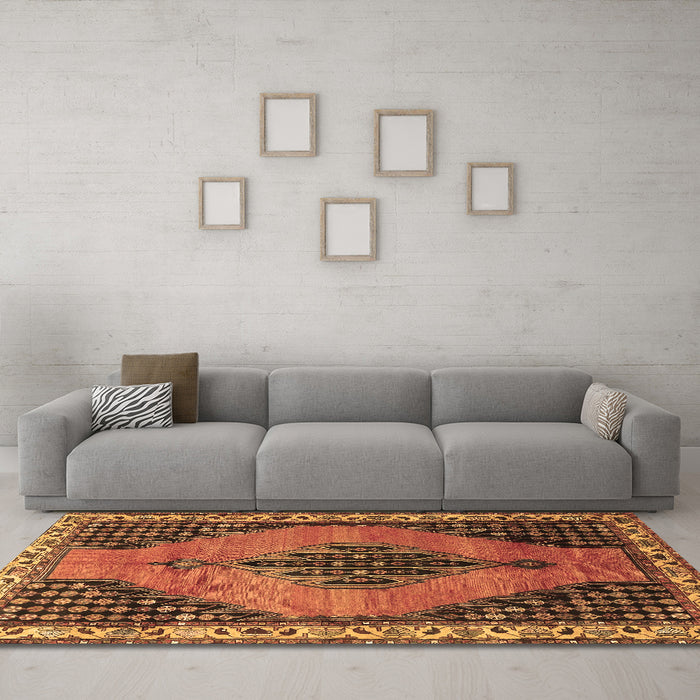 Machine Washable Medallion Brown Traditional Rug in a Living Room,, wshtr4139brn