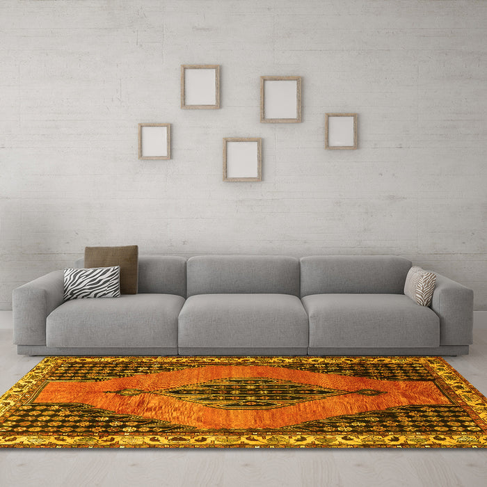 Machine Washable Medallion Yellow Traditional Rug in a Living Room, wshtr4139yw