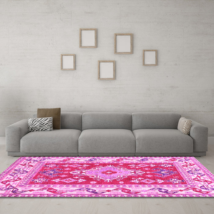 Machine Washable Geometric Pink Traditional Rug in a Living Room, wshtr413pnk
