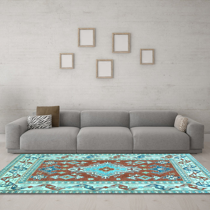 Machine Washable Geometric Light Blue Traditional Rug in a Living Room, wshtr413lblu