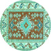 Round Machine Washable Geometric Turquoise Traditional Area Rugs, wshtr413turq