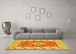 Machine Washable Geometric Yellow Traditional Rug in a Living Room, wshtr413yw