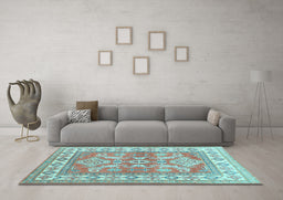 Machine Washable Geometric Light Blue Traditional Rug in a Living Room, wshtr414lblu