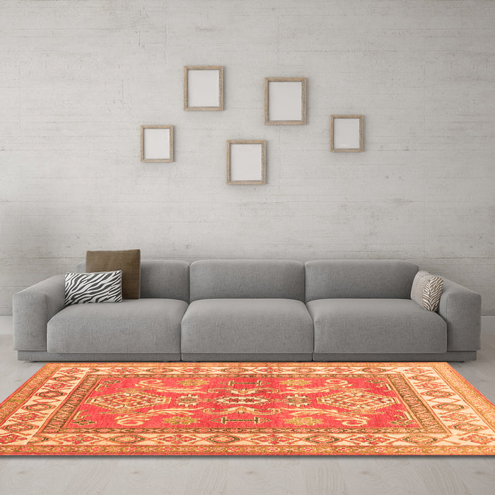 Machine Washable Geometric Orange Traditional Area Rugs in a Living Room, wshtr414org