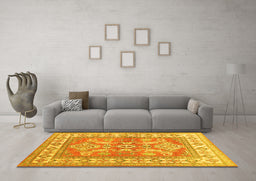Machine Washable Geometric Yellow Traditional Rug in a Living Room, wshtr414yw