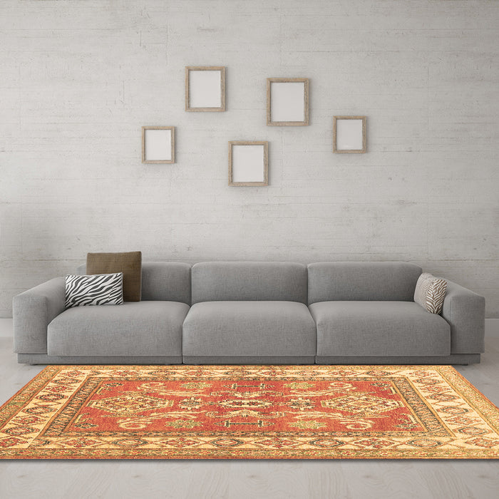 Machine Washable Geometric Brown Traditional Rug in a Living Room,, wshtr414brn
