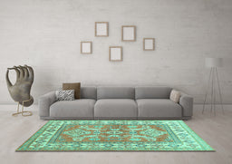 Machine Washable Geometric Turquoise Traditional Area Rugs in a Living Room,, wshtr414turq