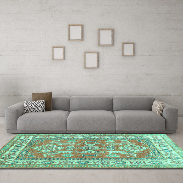 Machine Washable Geometric Turquoise Traditional Area Rugs in a Living Room,, wshtr414turq