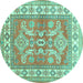 Round Machine Washable Geometric Turquoise Traditional Area Rugs, wshtr414turq