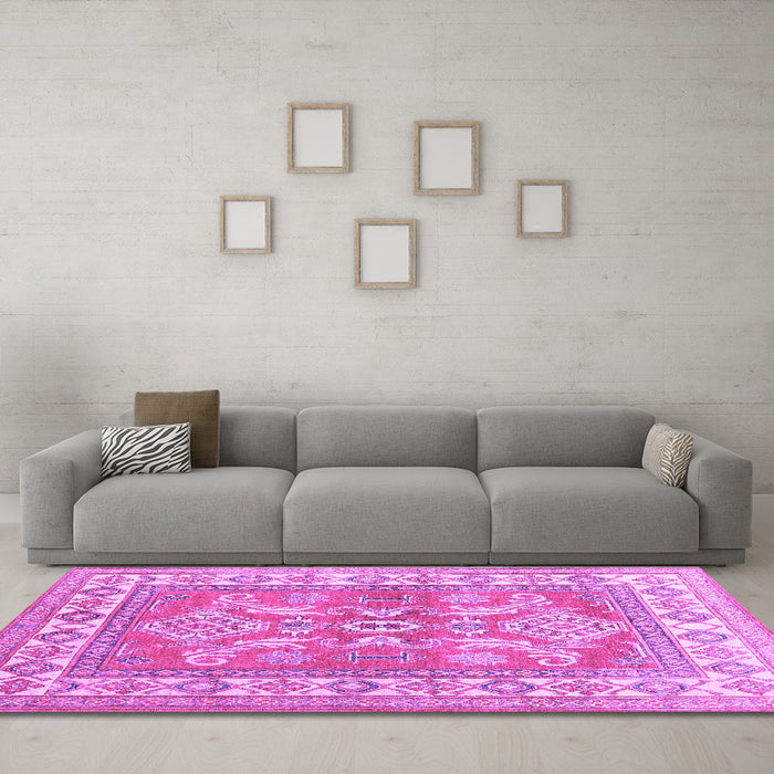 Machine Washable Geometric Purple Traditional Area Rugs in a Living Room, wshtr414pur