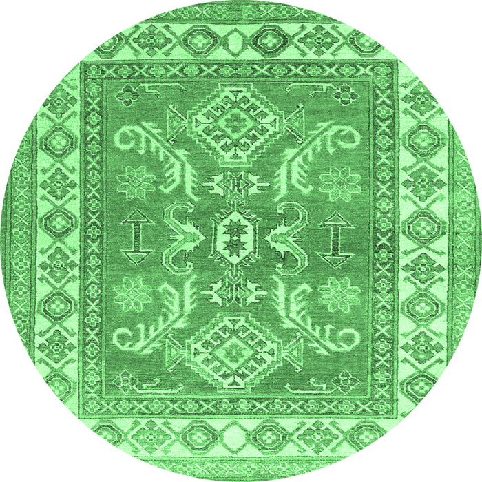 Round Geometric Emerald Green Traditional Rug, tr414emgrn