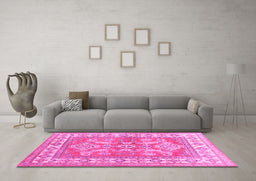 Machine Washable Geometric Pink Traditional Rug in a Living Room, wshtr414pnk
