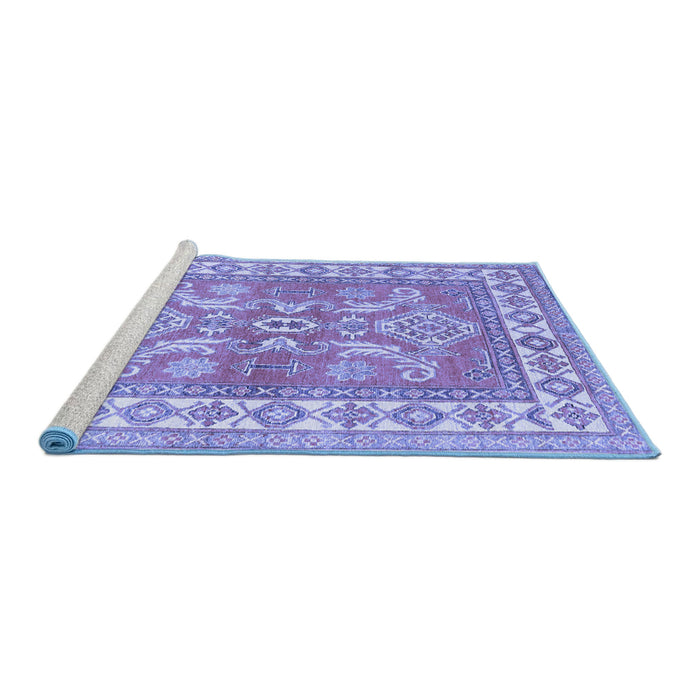 Sideview of Machine Washable Geometric Blue Traditional Rug, wshtr414blu