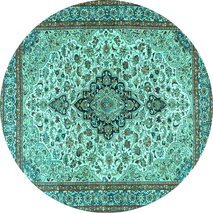 Round Machine Washable Medallion Turquoise Traditional Area Rugs, wshtr4153turq