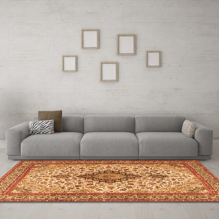 Machine Washable Medallion Orange Traditional Area Rugs in a Living Room, wshtr4153org