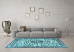 Machine Washable Medallion Light Blue Traditional Rug in a Living Room, wshtr4153lblu