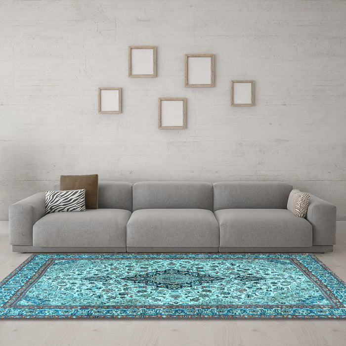 Machine Washable Medallion Light Blue Traditional Rug in a Living Room, wshtr4153lblu