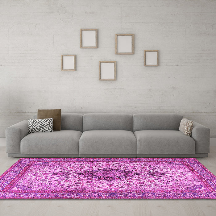 Machine Washable Medallion Pink Traditional Rug in a Living Room, wshtr4153pnk