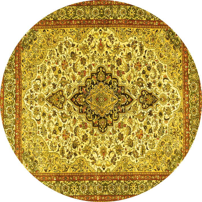 Round Machine Washable Medallion Yellow Traditional Rug, wshtr4153yw