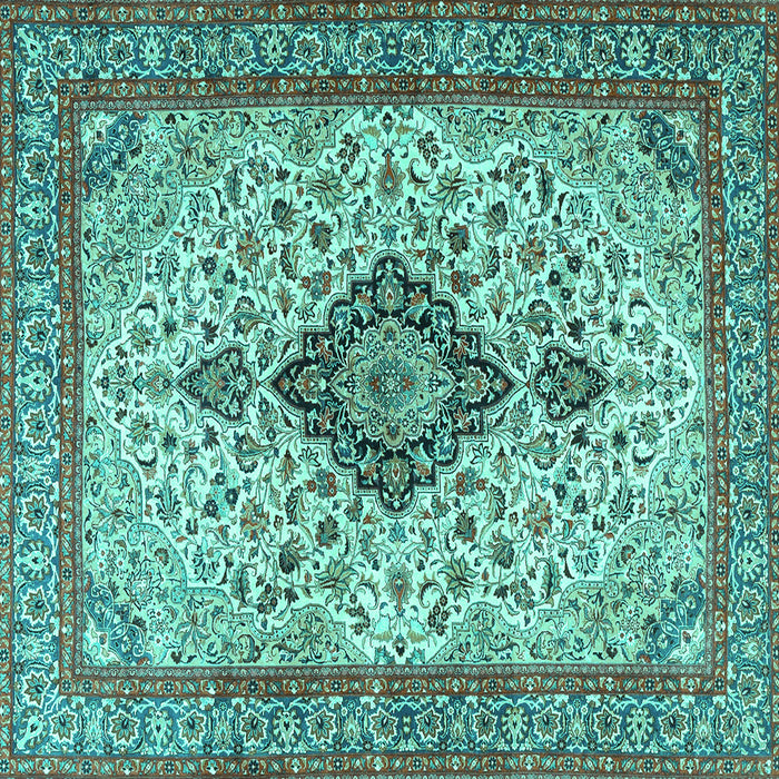 Square Machine Washable Medallion Turquoise Traditional Area Rugs, wshtr4153turq