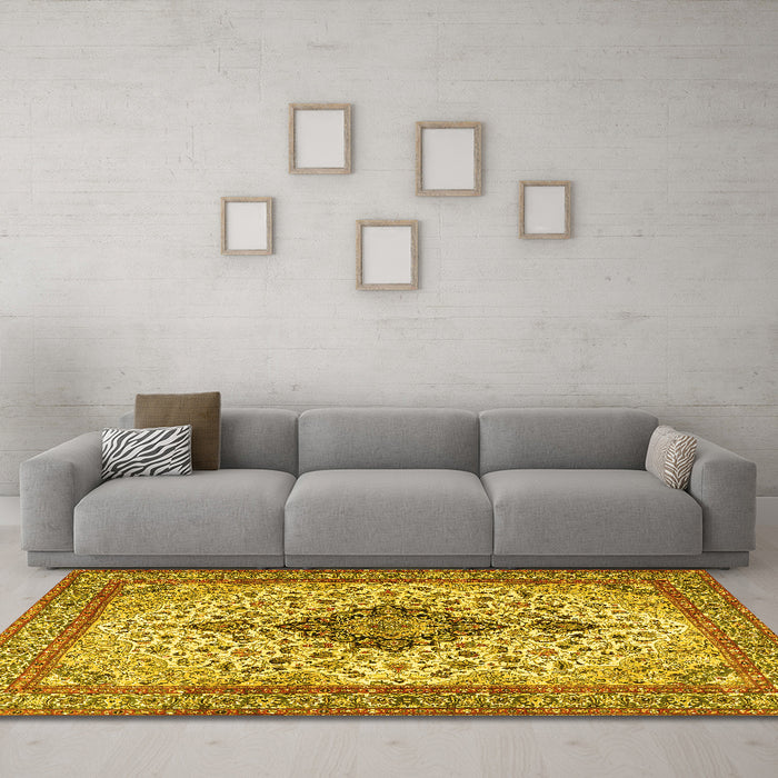 Machine Washable Medallion Yellow Traditional Rug in a Living Room, wshtr4153yw