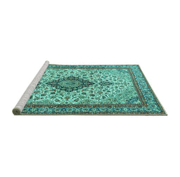 Sideview of Machine Washable Medallion Turquoise Traditional Area Rugs, wshtr4153turq