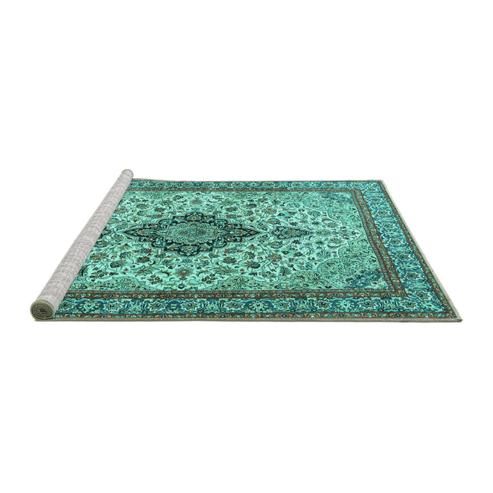 Sideview of Machine Washable Medallion Turquoise Traditional Area Rugs, wshtr4153turq