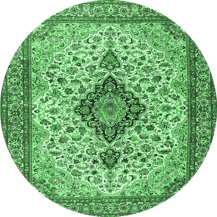 Round Machine Washable Medallion Emerald Green Traditional Area Rugs, wshtr4153emgrn