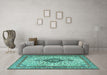 Machine Washable Medallion Turquoise Traditional Area Rugs in a Living Room,, wshtr4153turq