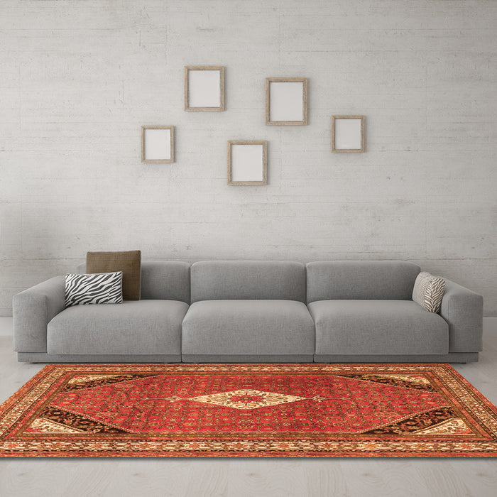 Machine Washable Medallion Orange Traditional Area Rugs in a Living Room, wshtr4154org