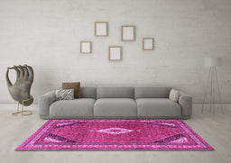 Machine Washable Medallion Pink Traditional Rug in a Living Room, wshtr4154pnk