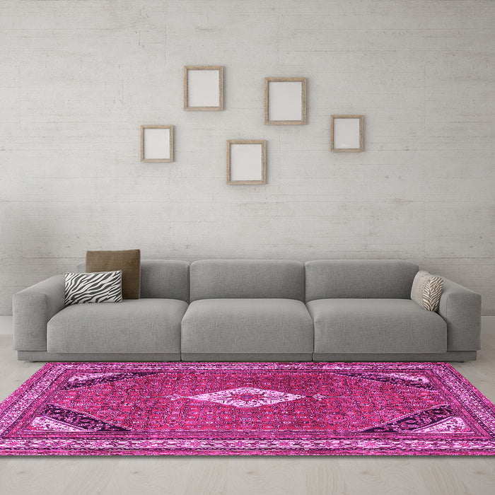 Machine Washable Medallion Pink Traditional Rug in a Living Room, wshtr4154pnk