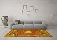 Machine Washable Medallion Yellow Traditional Rug, wshtr4154yw