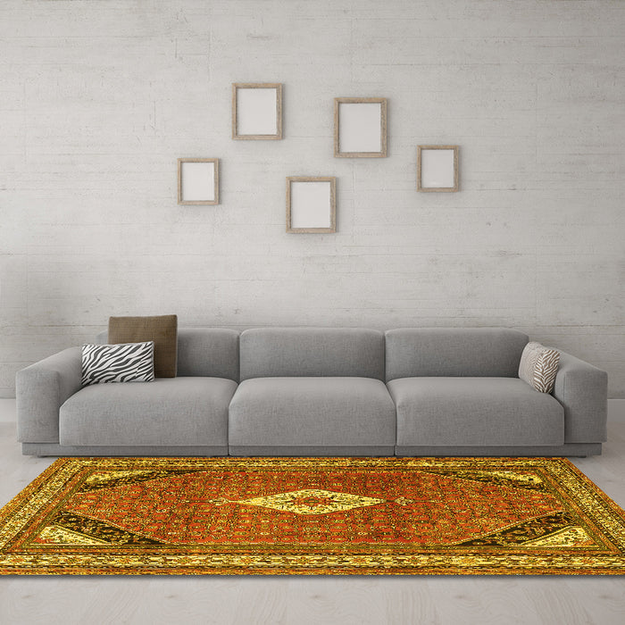 Machine Washable Medallion Yellow Traditional Rug in a Living Room, wshtr4154yw