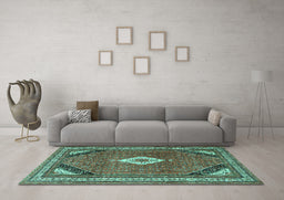 Machine Washable Medallion Turquoise Traditional Area Rugs in a Living Room,, wshtr4154turq