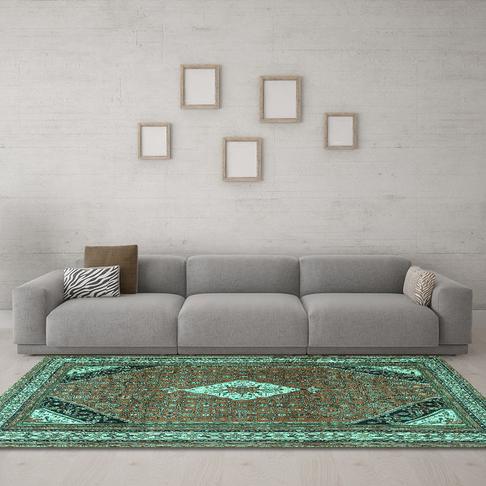 Machine Washable Medallion Turquoise Traditional Area Rugs in a Living Room,, wshtr4154turq